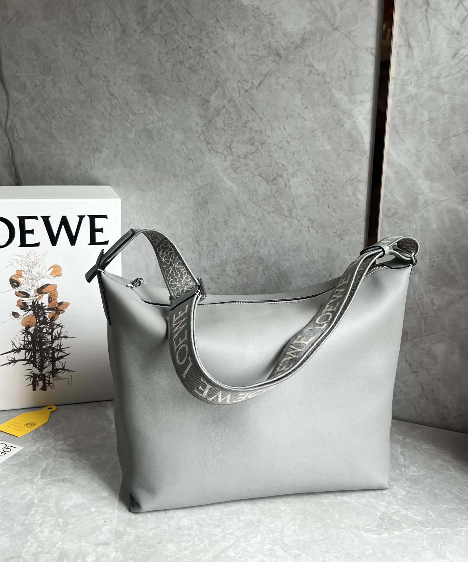 Loewe Large Cubi Crossbody Bag in Supple Smooth Calfskin and Jacquard Asphalt Grey